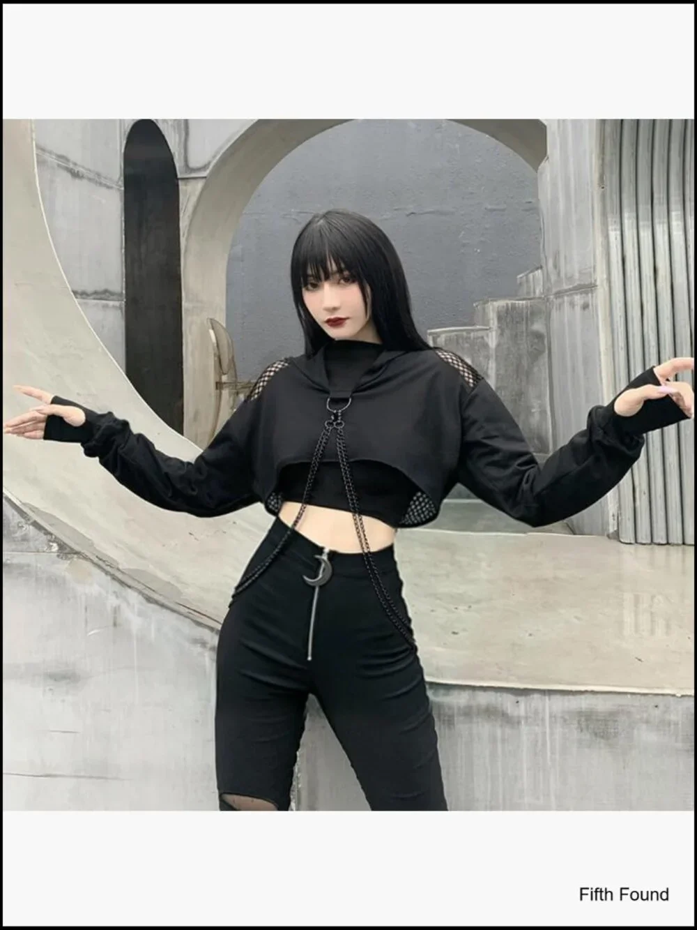 Fishnet Cropped Hoodie with Chain Long Sleeve Mesh Top Festival Rave Outfits - Picture 3 of 7